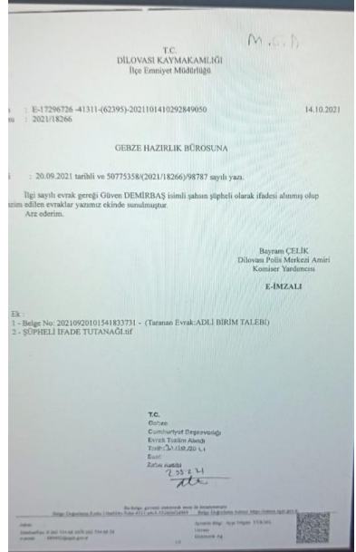 İlçe Emniyet Müdürlüğü Şüpheli İfade Evrakı Sevk Yazısı - Yangın Kriminalistik vaka analizi