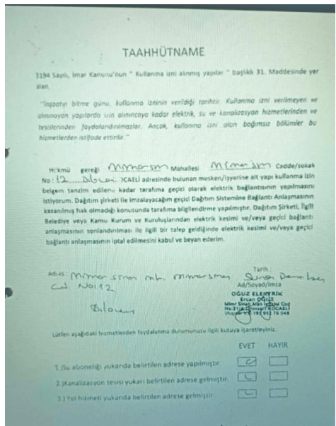 SEDAŞ Elektrik Bağlantısı İçin Geçici Kullanım Taahhüdü - Yangın Kriminalistik vaka analizi